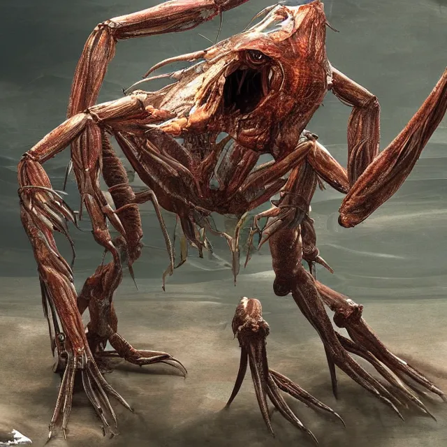 Prompt: a semi-humanoid alien creature that is 20 ft tall, the creature is able to control electricity, and has a shell-like structure around it's body, similar to crabs