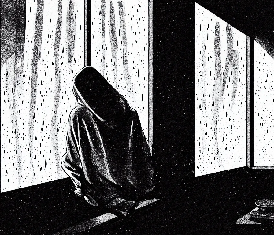 Image similar to sadie sink in hoodie sits, knees tucked in, on windowsill | rain falls at night : b & w storyboard drawing, scifi cyberpunk. by gabriel hardman, joe alves, chris bonura. cinematic atmosphere, detailed and intricate, perfect anatomy