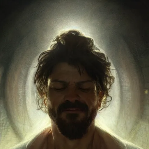 Image similar to selfportrait of a madman looking at his soul in the mirror, portrait, intricate, detailed, volumetric lighting, scenery, digital painting, highly detailed, artstation, sharp focus, illustration, artstation, art by artgerm and greg rutkowski and alphonse mucha