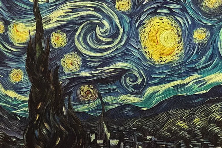 Prompt: man is seeing old god cthulhu terrifying the night sky of a city, epic scene oil painting hyper - detailed realistic dark van gogh style