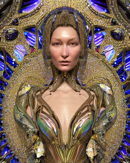 Prompt: a highly detailed metahuman 4 k close up render of an alien goddess bella hadid as goddess in iris van herpen dress schiaparelli in diamonds crystals swarovski and jewelry iridescent in style of alphonse mucha gustav klimt trending on artstation made in unreal engine 4