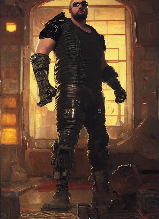 Image similar to big mike. cyberpunk professional wrestler wearing a military vest and combat gear. (Cyberpunk 2077, bladerunner 2049). Round face. Iranian orientalist portrait by john william waterhouse and Edwin Longsden Long and Theodore Ralli and Nasreddine Dinet, oil on canvas. Cinematic, hyper realism, realistic proportions, dramatic lighting, high detail 4k