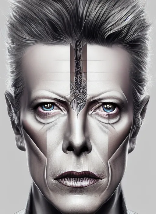 Image similar to symmetry!! david bowie, male, machine parts embedded into face, intricate, elegant, highly detailed, digital painting, artstation, concept art, smooth, sharp focus, illustration, art by artgerm and greg rutkowski and alphonse mucha, 8 k