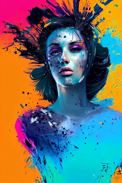 Image similar to a award winning half body portrait of a beautiful woman in a croptop and cargo pants with ombre navy blue teal hairstyle with head in motion and hair flying, paint splashes, splatter, outrun, vaporware, shaded flat illustration, digital art, trending on artstation, highly detailed, fine detail, intricate