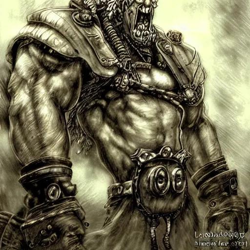 Image similar to potemkin from guilty gear, by luis royo, retro fantasy, details, digital art