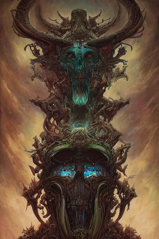 Prompt: evil gigantic alien skull lord demon of death, fantasy painting, ultra realistic, wide angle, art nouveau, intricate details, rainbowshift, vivid colors, highly detailed by peter mohrbacher, h. r. giger, maxfield parrish, gaston bussiere, gustave dore, craig mullins