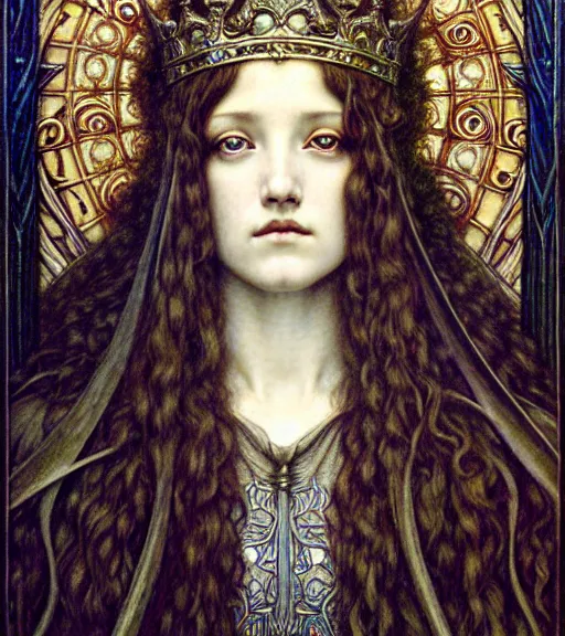 Image similar to detailed realistic beautiful young medieval queen face portrait by jean delville, gustave dore and marco mazzoni, art nouveau, symbolist, visionary, gothic, pre - raphaelite. horizontal symmetry