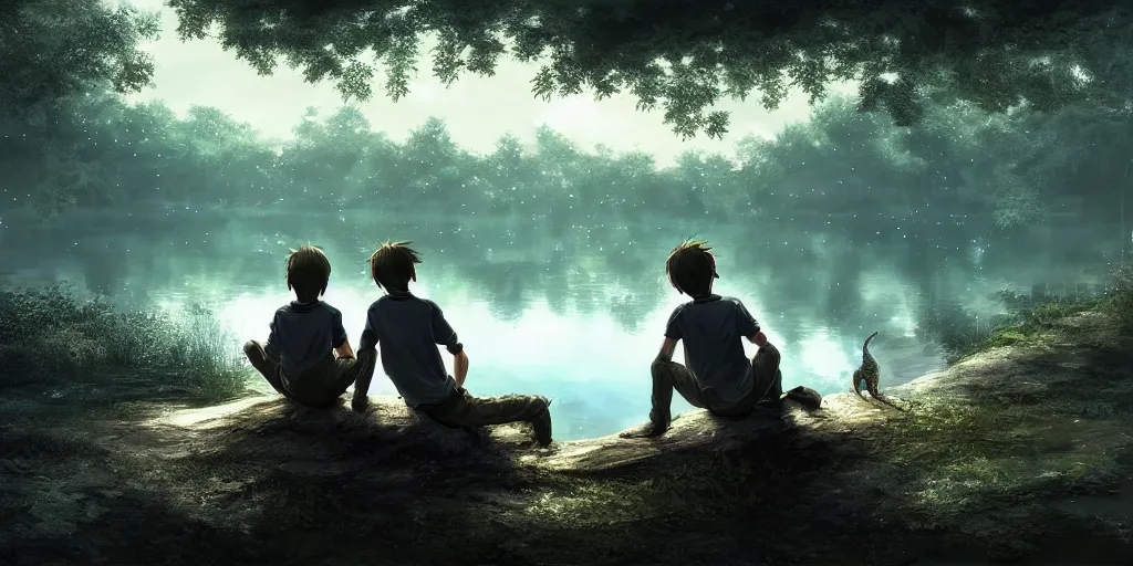 Image similar to a silver dragon and a boy sitting next to lake in forest, many fireflys, at night, concept art, dof, cryengine, digital art, detailed background, makoto shinkai