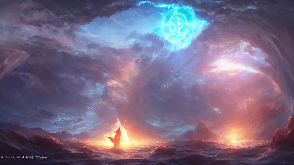 Image similar to a magical portal made of a runic circle of pure energy is opening at the surface of the ocean, dramatic lighting, dynamic lighting, cinematic lighting, by krenz cushart and artgerm, unreal engine, featured on artstation