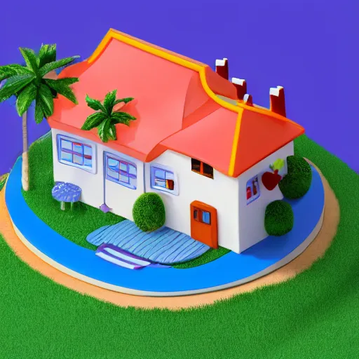 Prompt: cute chubby house by nickelodeon style, octane, 1 0 0 mm, depth of field, isometric, blue background