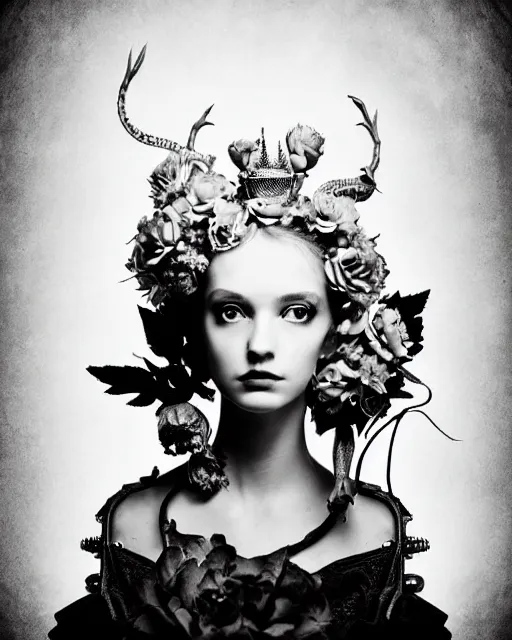 Prompt: a black and white high quality dreamy photo of a young beautiful female queen-pale dragon-vegetal-many big steampunk flowers-cyborg bust with a very long neck, elegant, highly detailed, poetic, soft, dreamy, mysterious, high fashion, rim light, in the style of Diane Arbus, Realistic, Refined, Digital Art, Highly Detailed, Cinematic Lighting, rim light, black and white, photo-realistic, 8K