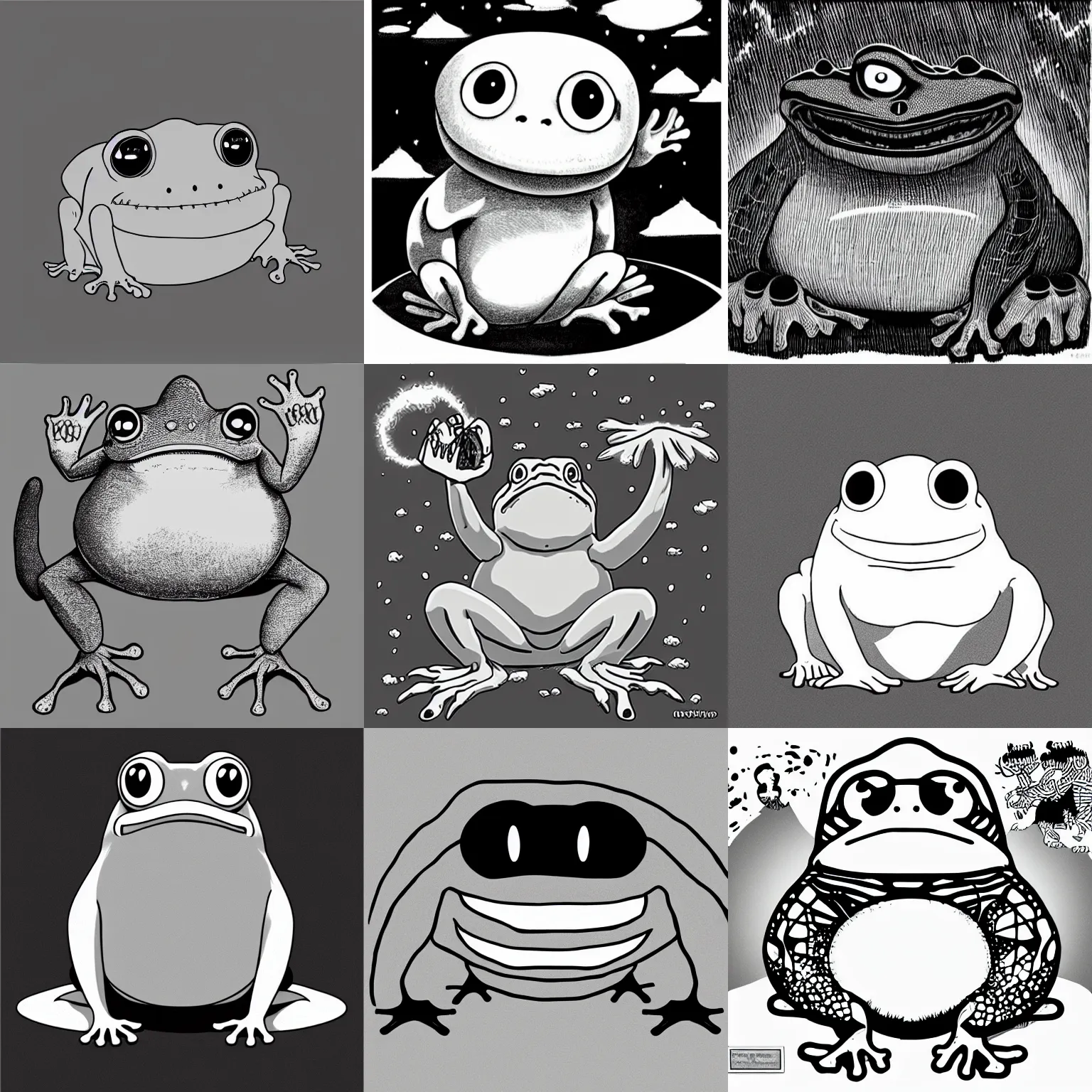 Prompt: a giant frog with bright white eyes, grayscale, cute, dark, abyssal void creature, hayao miyazaki, digital illustration, clipart, cartoon