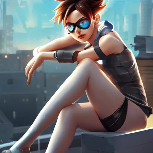 Prompt: digital artwork of tracer sitting on a rooftop, in the style of artgerm, detailed face, expressive face, feminine face,