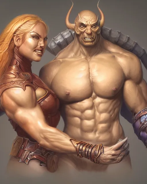 Prompt: female athletic body type and male warrior strong body type holding each other close by Boris Vallejo, moody, character design concept art, diablo, warcraft, hard surface, Character design, concept art, fantasycore, Hyperdetailed, Artstation