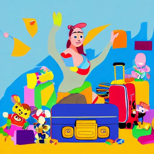 Image similar to a painted cartoonish scene, an open suitcase sits on a table, the open suitcase contains a vast pile of toys, the pile of toys rises all the way to the ceiling, the pile of toys blocks the background, a woman stands next to the table and suitcase, the woman holds more toys