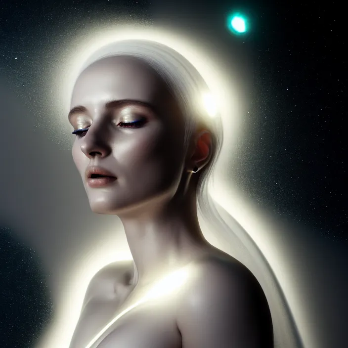 Prompt: a beautiful female goddess portrait, in a flowing white gown, entwined by light frequencies and wiring, octane render, floating in the universe, surrounded by stars and black holes, darkly surreal, light shining through, hyper - realistic, highly detailed, sharp focus, smooth, intricate