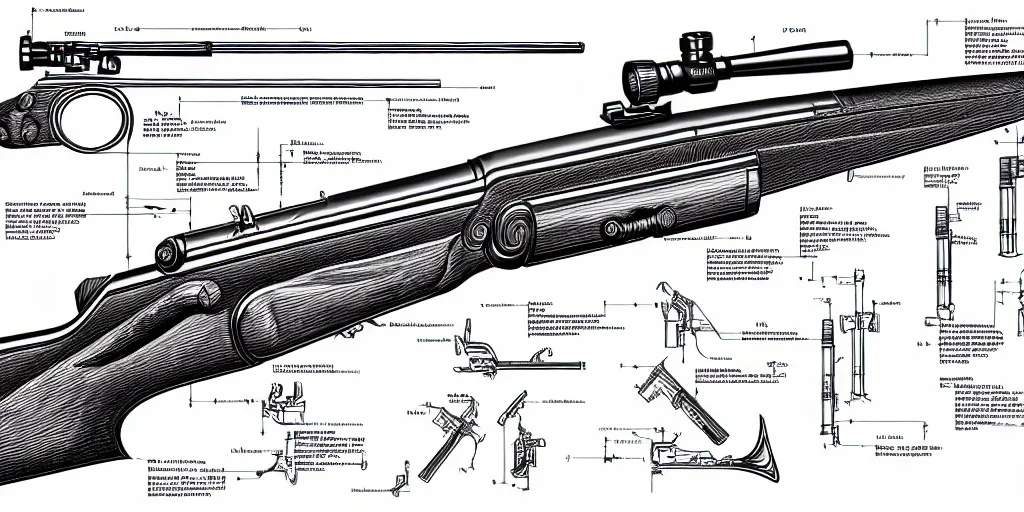 Prompt: a full page schematic diagram illustration of a lever - action rifle, ultra detailed, 4 k, intricate, encyclopedia illustration, fine inking lines