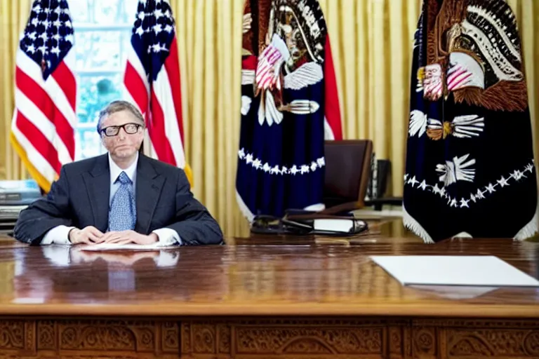 Prompt: president bill gates gives an emergency oval office address, sitting at the resolute desk, circa 2 0 2 2, professional photo, dslr, bokeh