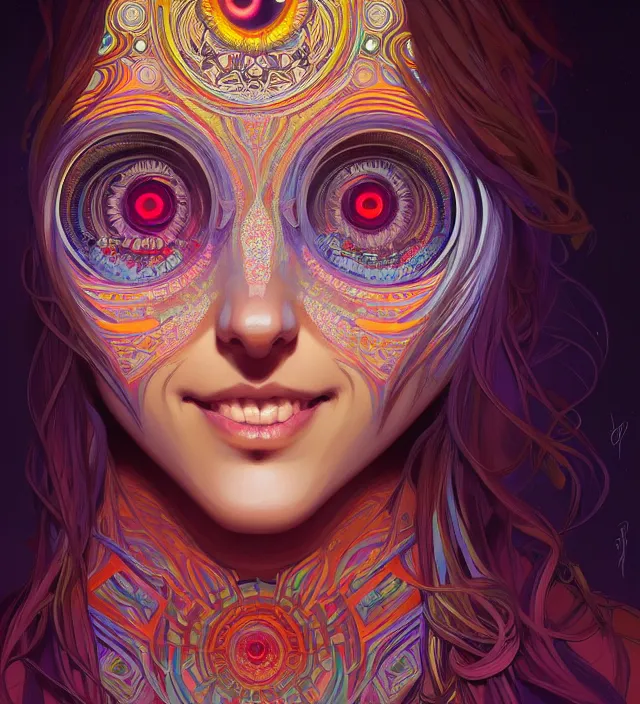 Image similar to symmetry!! portrait of hippie girl smiling, glowing eyes!! psychedelic, intricate, elegant, highly detailed, digital painting, artstation, concept art, smooth, sharp focus, illustration, art by artgerm and greg rutkowski and alphonse mucha, 8 k