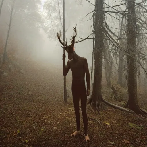 Prompt: an old photo of an incredibly tall thin pale bipedal creature with antlers deep in a dark foggy forest