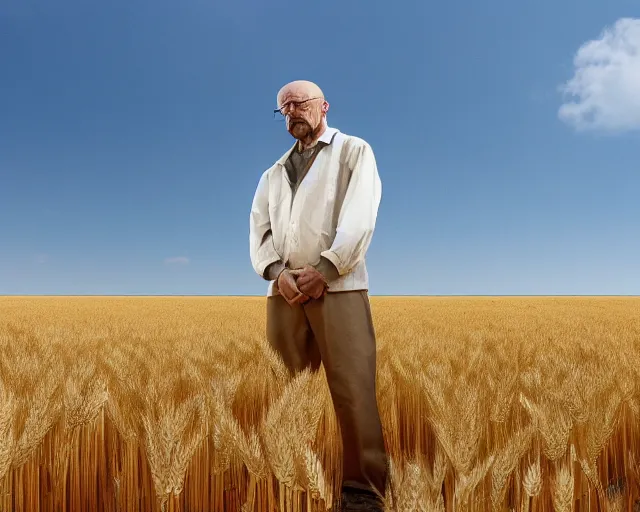 Image similar to walter white standing in front of gustavo fring in a wheat field, side view, 3 5 mm photograph, 8 k resolution, wide shot, sharp lens