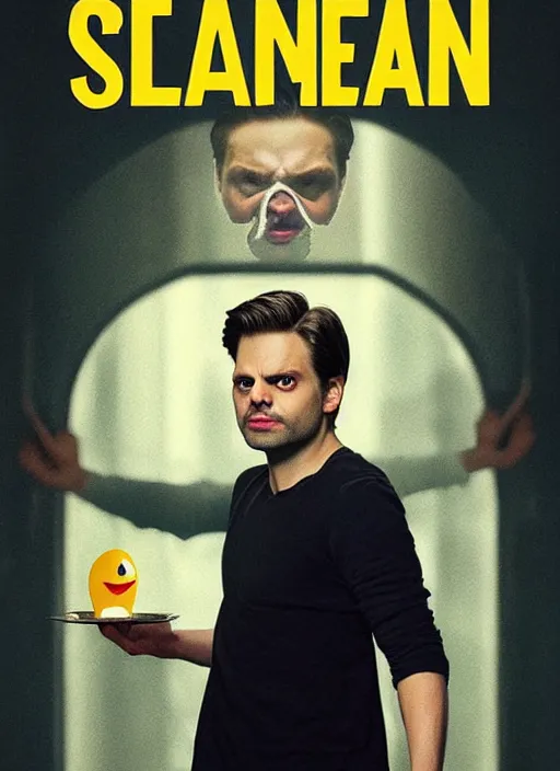 Image similar to highly detailed comedy caper movie poster with flan pudding faced sebastian stan as a sentient flan pudding, sebastian stan face made from flan pudding by greg rutkowski, masterpiece, 1 0 / 1 0