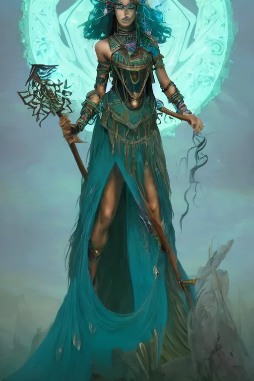 Prompt: beautiful sorceress female with teal skin, full body shot, long hair made of algae, egyptian clothing, with a wooden stuff and a crossbow, d & d, fantasy, intricate, elegant, highly detailed, digital painting, artstation, concept art, matte, sharp focus, illustration, hearthstone, art by artgerm and greg rutkowski and alphonse mucha
