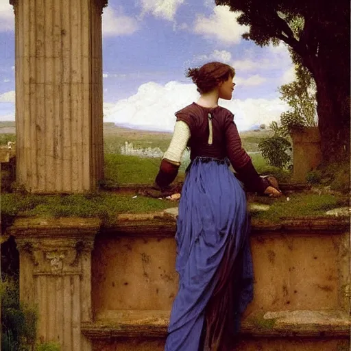 Image similar to a renaissance oil painting by alma tadema of a woman with skye blue clothes turned back on a stone balcony covered in moss with over shoulder view on desolated ruins of a city, colourful pastel artstation greg rutkowski, detailed academic bouguereau, sharp focus