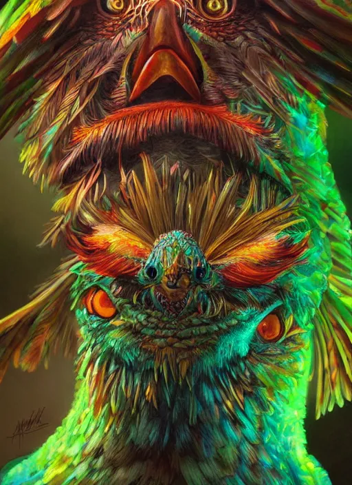 Image similar to A mayan quetzal bird , in a jungle glowing extremely detailed and beautiful face, By Artgerm, trending on artstation.