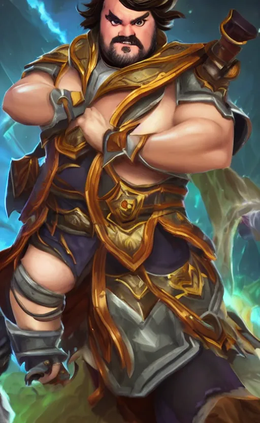 Image similar to Jack Black as a character in the game League of Legends, with a background based on the game League of Legends, detailed face, old 3d graphics