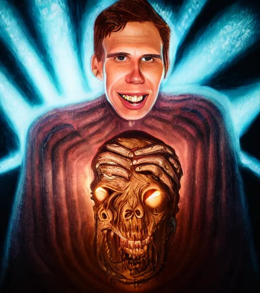 Image similar to profile picture of lovecraftian smiling jerma, surrounded by beams of light dark background by wayne barlow, stanley donwood, anton semenov, zdzislaw bekinski, hr giger, 8 k, fantasy, dark, highly detailed