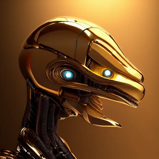 Image similar to Tall gold robotic alien creature portrait, dramatic lighting, very detailed, electrical details, high details, 4k, 8k, trending on artstation, by Hajime Sorayama and Paolo Eleuteri Serpieri