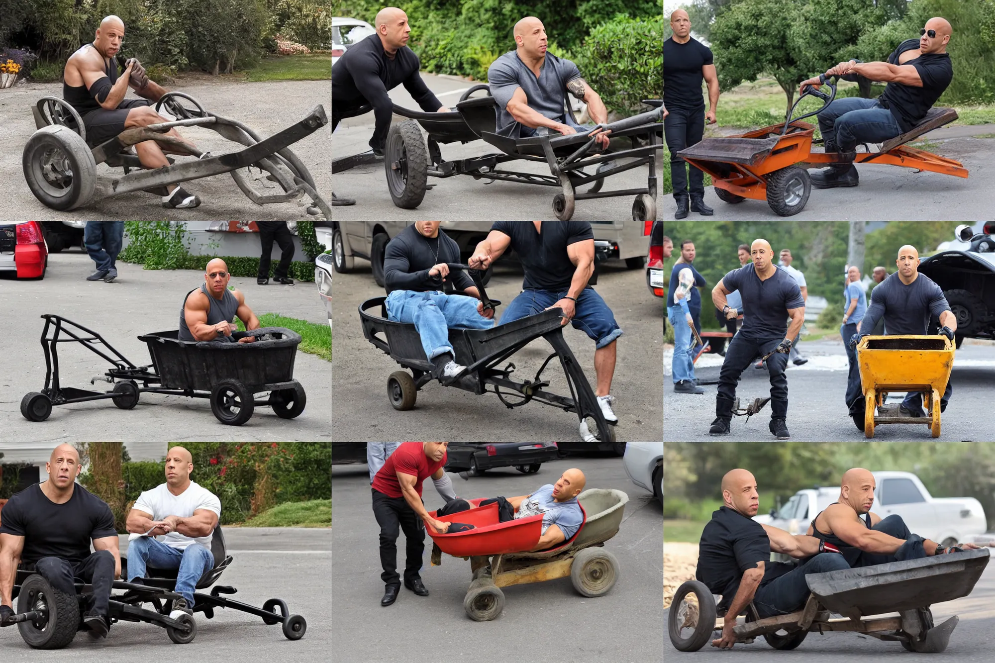 Image similar to Vin Diesel driving a wheelbarrow