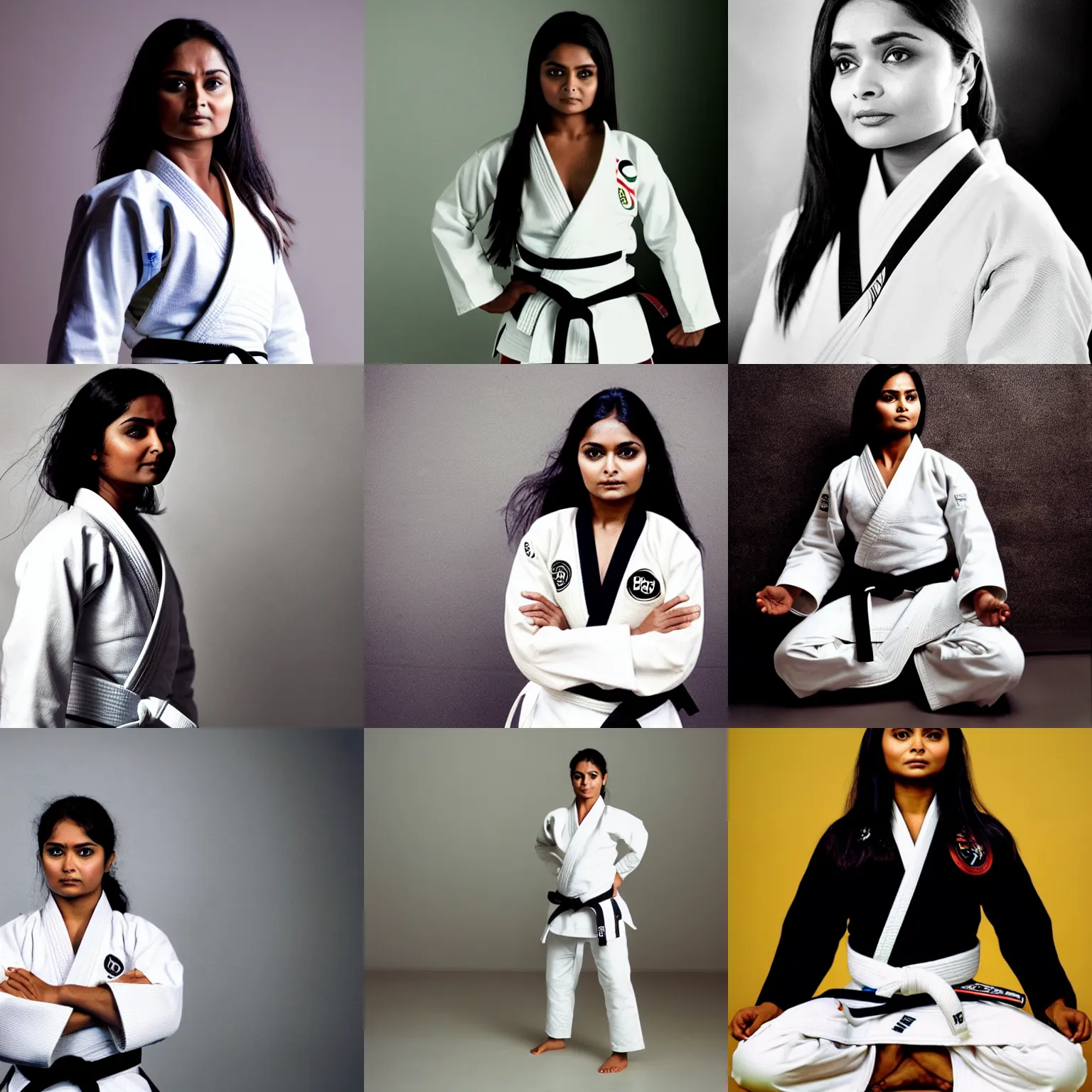 Prompt: Afshan Azad/Padma Patil as a black belt judo master, wearing a white Gi, candid portrait photography by Annie Leibovitz