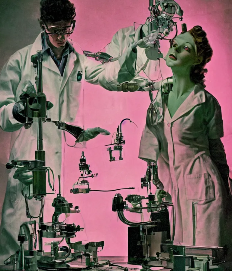 Prompt: a female mad scientist in a lab coat building a humanoid robot man, in a darkly lit laboratory room, 1 9 5 0 s horror movie poster style, ( norman rockwell oil painting ), medium shot, close - up shot, retro science fiction, vintage, saturated pink and green lighting, shadowy lighting, cohesive
