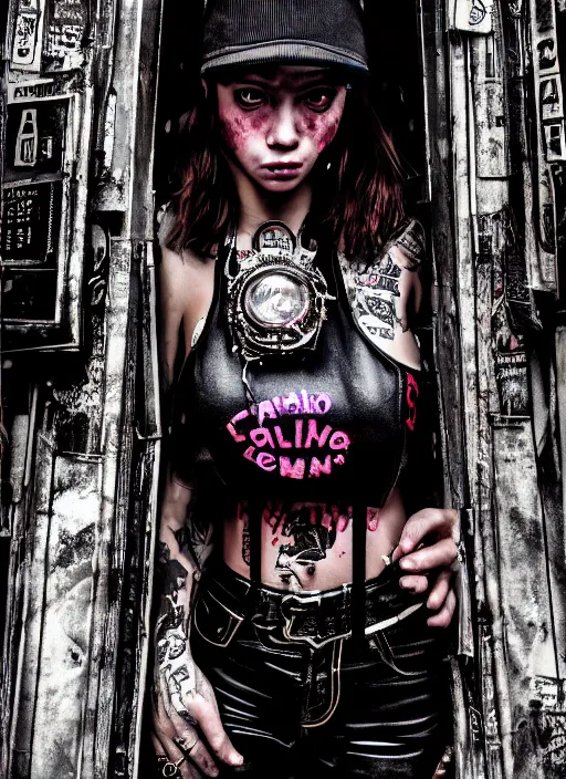 Image similar to portrait photo, 3 5 mm lomography, female doorwoman, gang clothing fashion, id magazine, by david bailey, hyperrealism, detailed textures, photorealistic, cyberpunk apocalyptic city, ultra realistic, cinematic, intricate, cinematic light, 8 k, david la chapelle, david kostic, artgerm