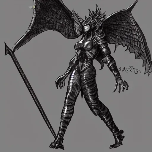 Image similar to a female winged gargoyle woman with a flaming sword, plate armor, fantasy, concept drawing