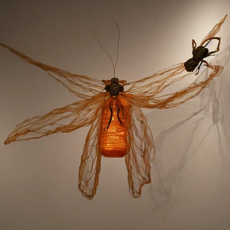 Prompt: hyperrealistic sculpture of a bronze fossilized cicada moth in a large cage made of orange nylon wire and beeswax on a pedestal by ron mueck and duane hanson and lee bontecou, hyperrealistic dramatic colored lighting trending on artstation 8 k