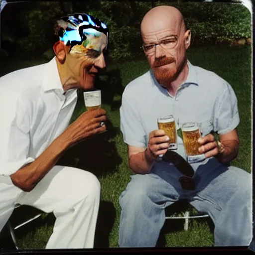 Prompt: Obama and Walter White sharing a beer at the family bbq, Polaroid image