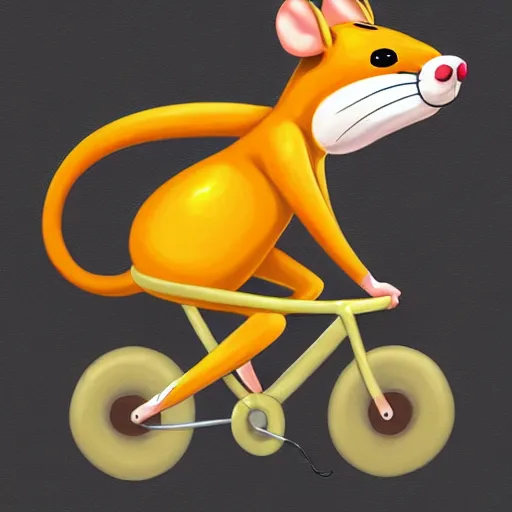 Image similar to digital painting of a cartoonish rat, it's riding a bike that is made of swiss cheese, bike looks like cheese greg rutowski, artstation