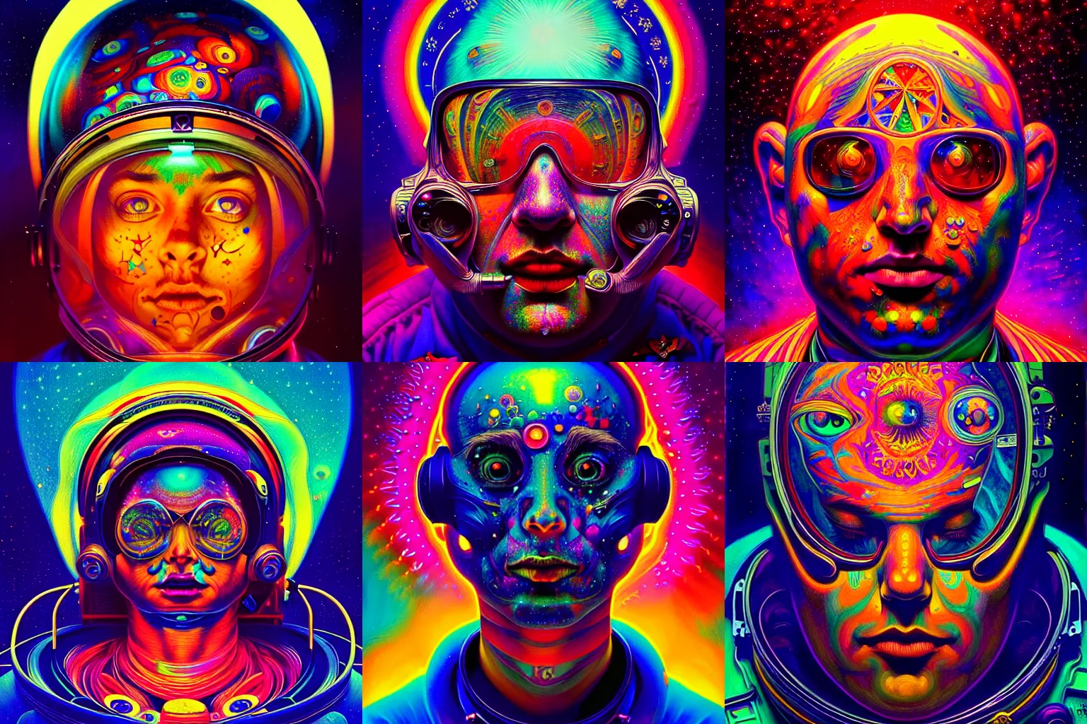 Prompt: An extremely psychedelic experience, colorful, surreal, dramatic lighting, cosmonaut, LSD, face, detailed, intricate, elegant, highly detailed, digital painting, artstation, concept art, smooth, sharp focus, illustration, art by Sam Spratt, Dan Mumford, Jim Burns, Artem Demura and Alphonse Mucha