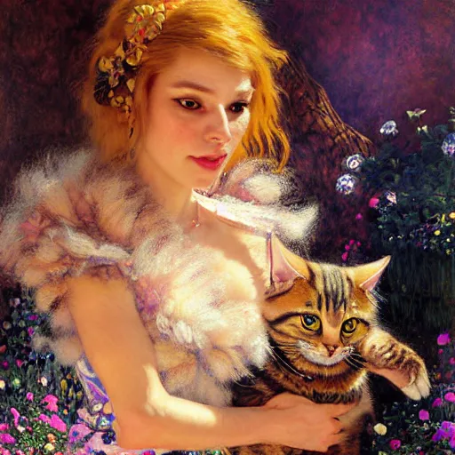 Prompt: portrait of a furry fluffy female tabby cat in a cute floral dress. shadowrun furaffiniy cyberpunk fantasy highly detailed painting by gaston bussiere craig mullins jc leyendecker gustav klimt artgerm greg rutkowski john berkey, bergey, craig mullins, ruan jia, raymond swanland, jeremy mann, tom lovell, alex malveda