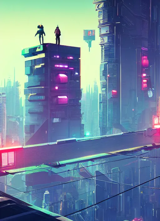 Image similar to a man standing on top of a bridge over a city, cyberpunk art by james gilleard, cgsociety, retrofuturism, synthwave, cityscape, 2 d game art