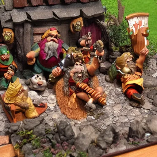 Image similar to dwarves party having good rest after work, intricate details