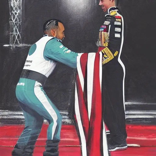 Prompt: “A portrait of Lewis Hamilton in his racing uniform being knighted by the queen by Banksy”