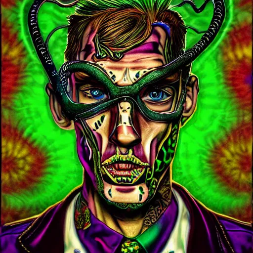 Prompt: an extremely psychedelic portrait of mgk as the riddler, surreal, lsd, face, detailed, intricate, elegant, lithe, highly detailed, digital oth, sharp focus, illustration,