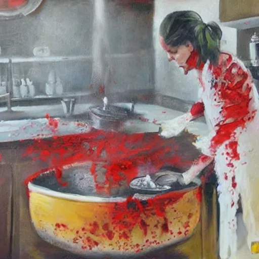 Image similar to oil painting still of kitchen sink full of dirty dishes with red smoke coming out, angry man, high detail