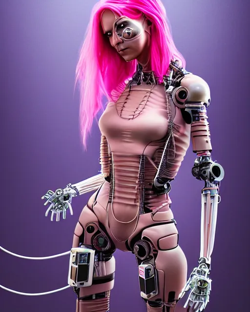 Image similar to portrait of a beautiful tanned woman with pink hair as a cyberpunk cyborg half robot, revealing wires and electronics, hooked - up, sci - fi, missing panels, intricate abstract upper body intricate artwork, concept art, octane render, deviantart, cinematic, key art, hyperrealism, iridescent accents, portrait photograph, nikon 3 5 mm, photograph by greg rutkowski