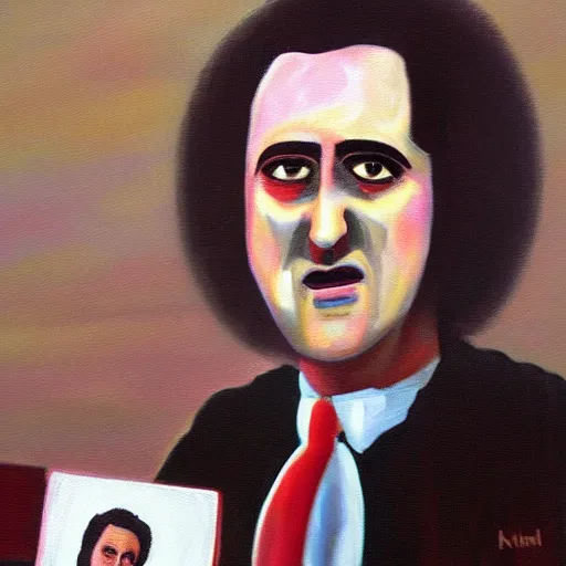 Prompt: a sad oil on canvas painting of Andy Kaufman all alone on stage