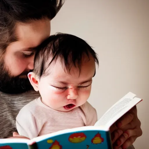 Image similar to baby with a beard crying reading a book